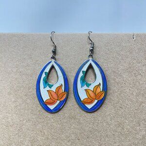 Vintage‎ Cloisonne Earrings Floral Enameled Metal Drop Boho Bohemian Earthy